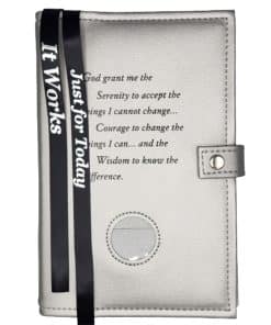 DOUBLE Cover for Hardback Reg Size NA Basic Text(6th Ed) OR Traditions...AND...It Works OR Living Clean w Serenity Prayer/Medallion Holder(Nickel) DDBNA60712