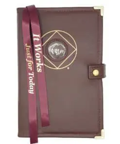 LEATHER DOUBLE Cover for Hardback Reg Size NA Basic Text(6th Ed) OR Traditions...AND...It Works OR Living Clean w NA Symbol/Medallion Holder(Burgundy) LDDNA60904